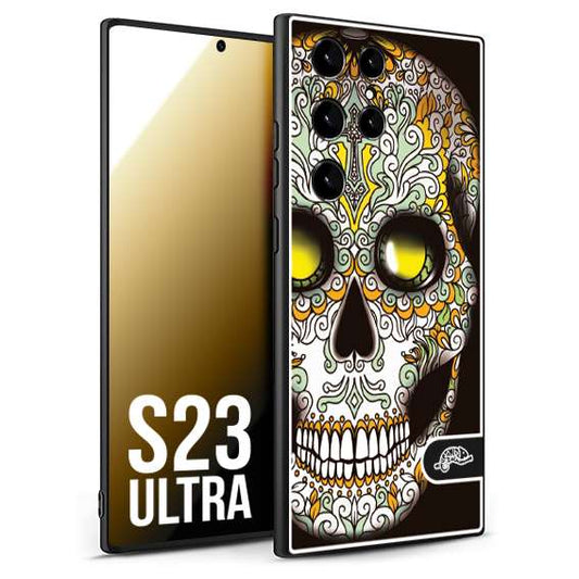 CUSTOMIZZA - Custodia cover nera morbida in tpu compatibile per Samsung S23 ULTRA teschio messicano Mexican skull bianco verde giallo