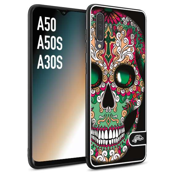 CUSTOMIZZA - Custodia cover nera morbida in tpu compatibile per Samsung A50 - A50S - A30S teschio messicano Mexican skull verde fucsia