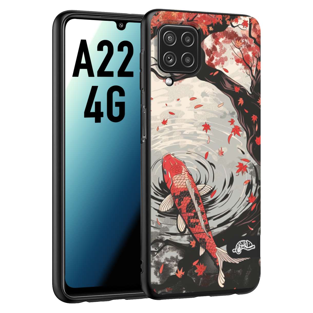 CUSTOMIZZA - Custodia cover nera morbida in tpu compatibile per Samsung A22 4G giapponese lago carpa koi rossa con foglie d'acero rosso disegnata tattoo