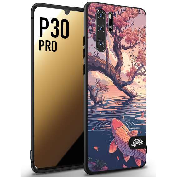 CUSTOMIZZA - Custodia cover nera morbida in tpu compatibile per Huawei P30 PRO giapponese lago carpa koi rosa con foglie d'acero disegnata tattoo