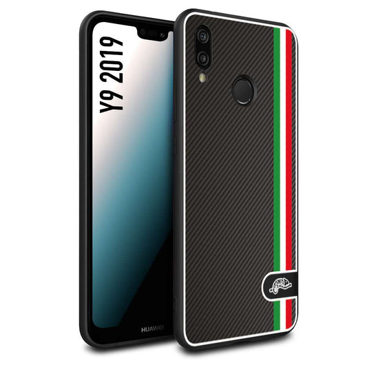 CUSTOMIZZA - Custodia cover nera morbida in tpu compatibile per Huawei Y9 2019 effetto fibra di carbonio bandiera Italia made in Italy