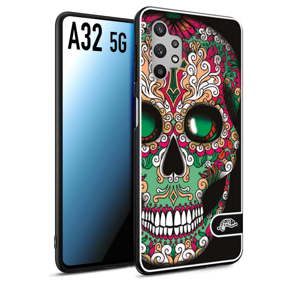 CUSTOMIZZA - Custodia cover nera morbida in tpu compatibile per Samsung A32 5G teschio messicano Mexican skull verde fucsia