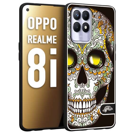 CUSTOMIZZA - Custodia cover nera morbida in tpu compatibile per Oppo Realme 8i teschio messicano Mexican skull bianco verde giallo