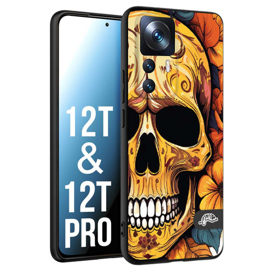 CUSTOMIZZA - Custodia cover nera morbida in tpu compatibile per Xiaomi 12T - 12T PRO teschio messicano colorato dorato fiori autunnali disegnato