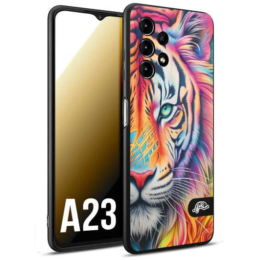 CUSTOMIZZA - Custodia cover nera morbida in tpu compatibile per Samsung A23 animali color tigre tiger viso colori vibranti disegnato schizzo