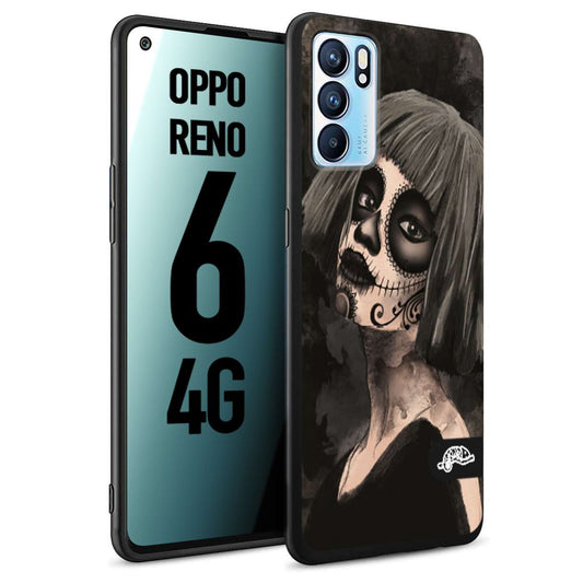 CUSTOMIZZA - Custodia cover nera morbida in tpu compatibile per Oppo Reno 6 4G chicana messicana dea de la muerte donna santa tattoo disegnata