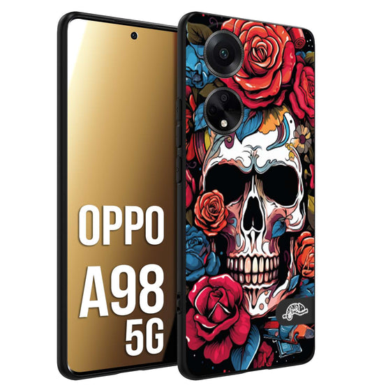 CUSTOMIZZA - Custodia cover nera morbida in tpu compatibile per Oppo A98 5G teschio skull flowers fiori rose rosse tattoo disegnato