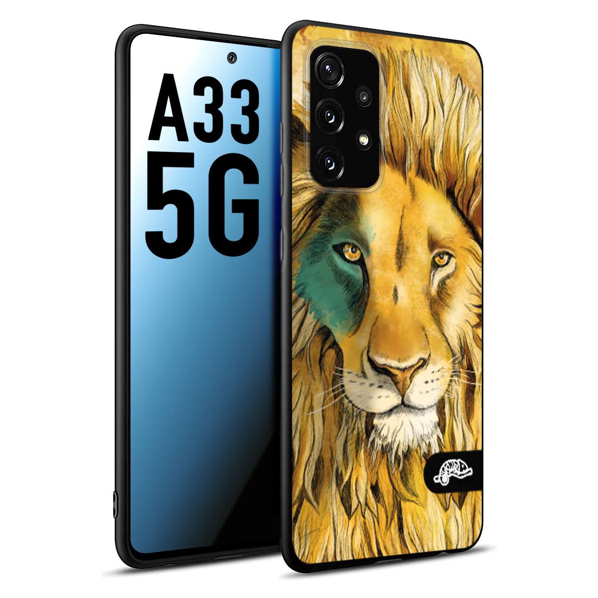 CUSTOMIZZA - Custodia cover nera morbida in tpu compatibile per Samsung A33 5G leone lion disegnato a mano giallo blu a rilievo artistico brown