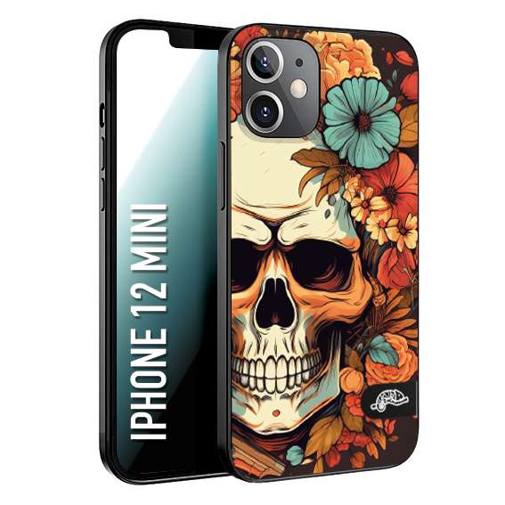 CUSTOMIZZA - Custodia cover nera morbida in tpu compatibile per iPhone 12 MINI teschio skull flowers fiori autunnali arancio celeste tattoo