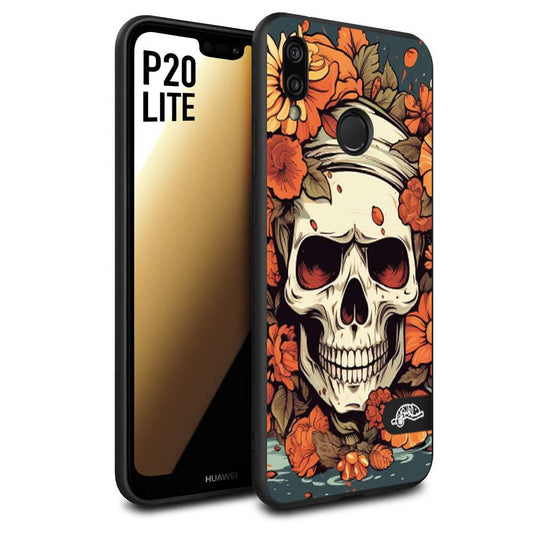 CUSTOMIZZA - Custodia cover nera morbida in tpu compatibile per Huawei P20 LITE teschio skull flowers fiori tattoo disegnato alta definizione