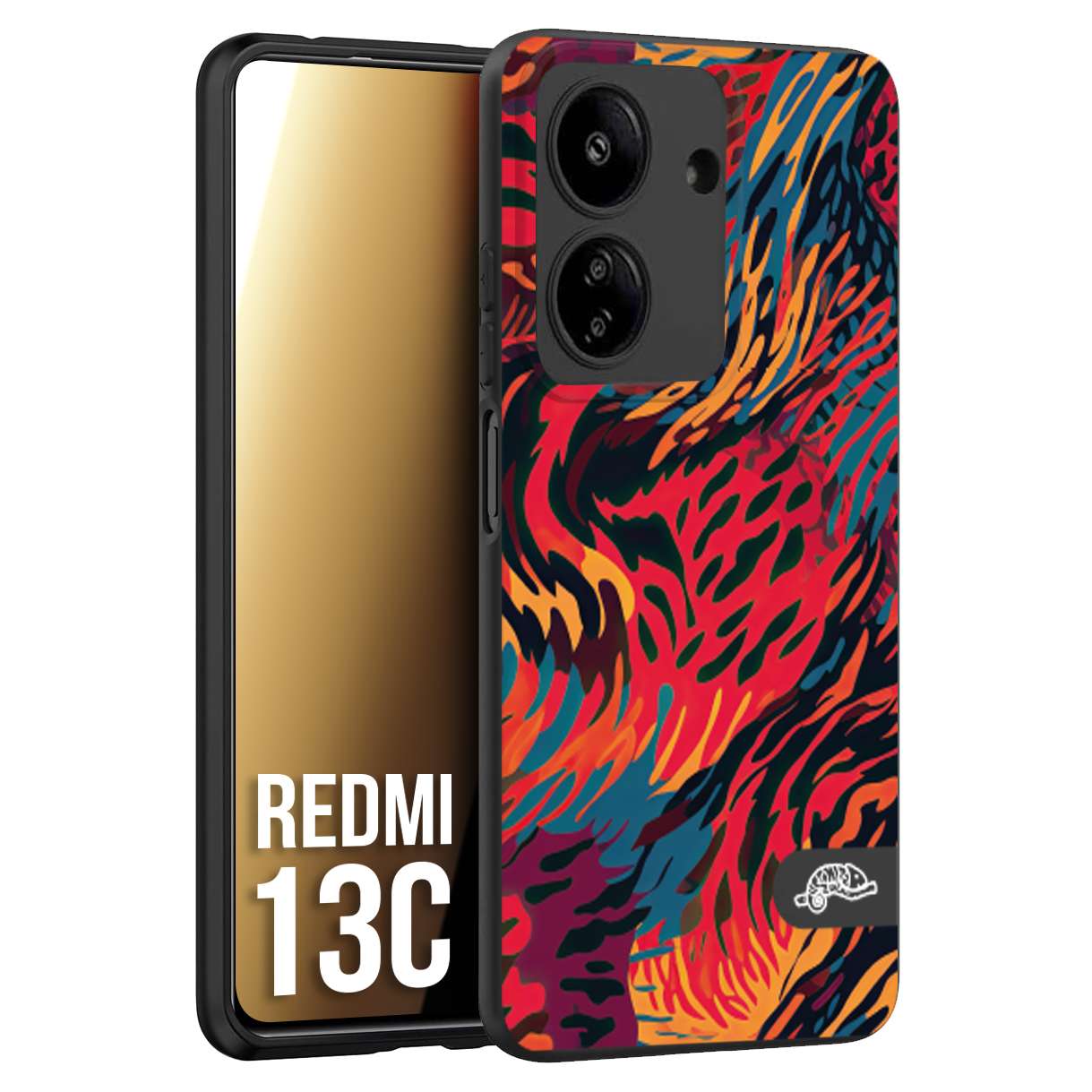 CUSTOMIZZA - Custodia cover nera morbida in tpu compatibile per Xiaomi Redmi 13C leopardato maculato tigrato colorata fiamme rossa blu arancione