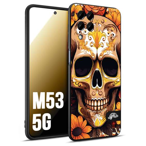 CUSTOMIZZA - Custodia cover nera morbida in tpu compatibile per Samsung M53 5G teschio messicano colorato dorato fiori tattoo disegnato