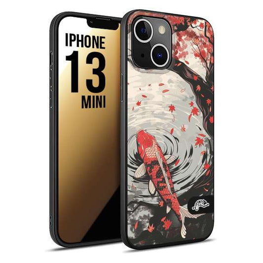 CUSTOMIZZA - Custodia cover nera morbida in tpu compatibile per iPhone 13 MINI giapponese lago carpa koi rossa con foglie d'acero rosso disegnata tattoo