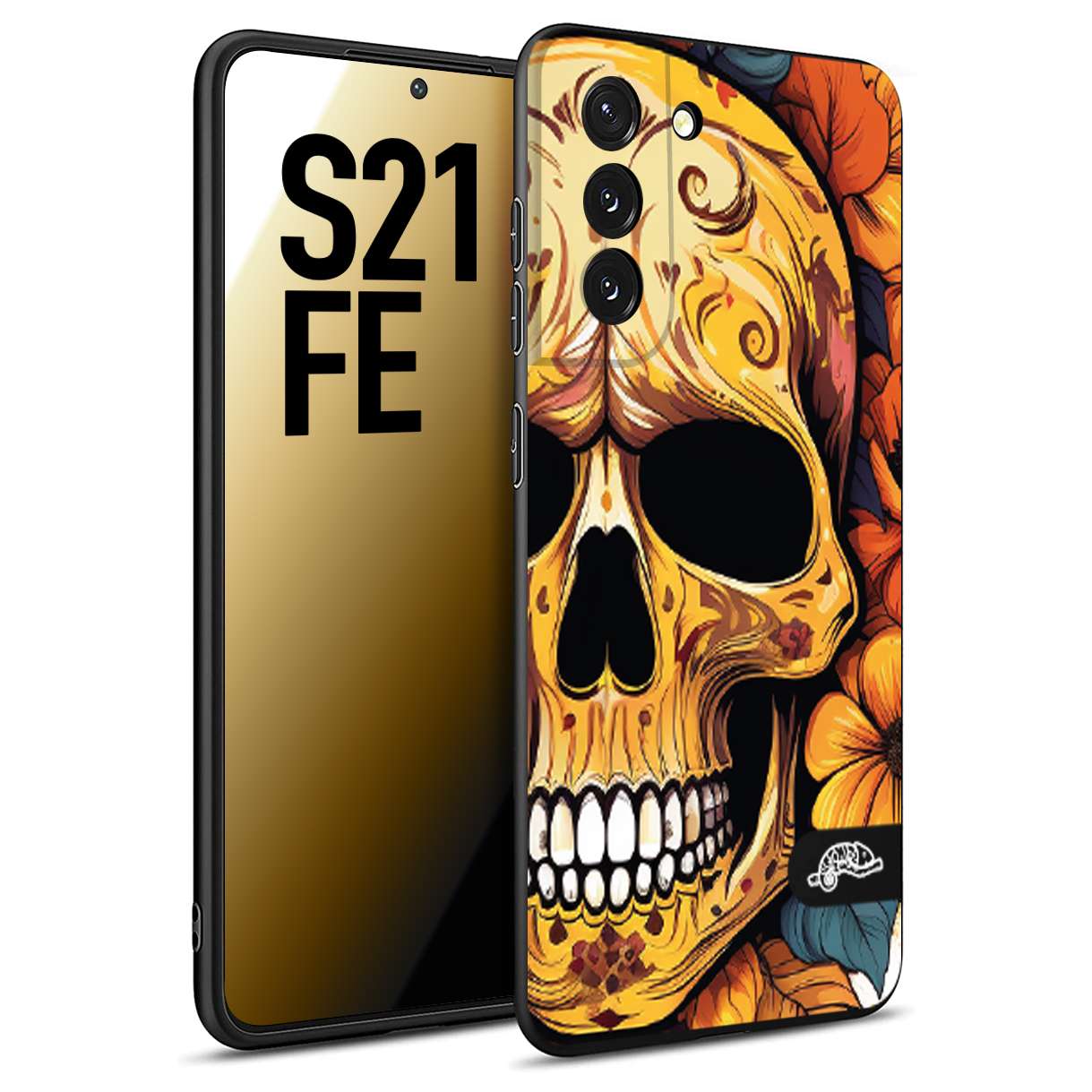 CUSTOMIZZA - Custodia cover nera morbida in tpu compatibile per Samsung S21 FE teschio messicano colorato dorato fiori autunnali disegnato