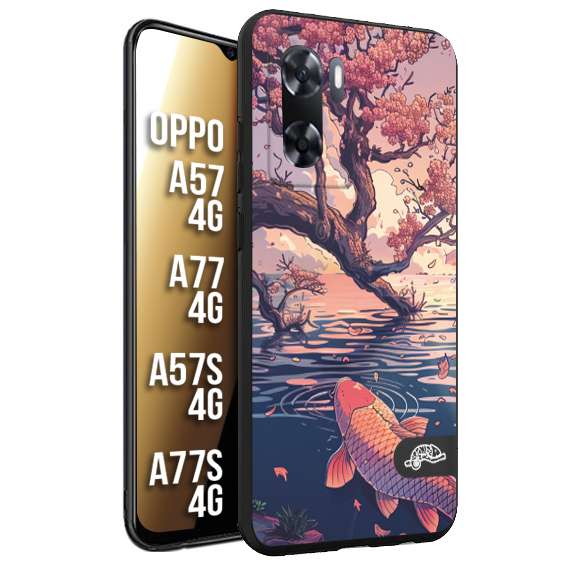 CUSTOMIZZA - Custodia cover nera morbida in tpu compatibile per Oppo A57 - A77 - A57S - A77S (4G) giapponese lago carpa koi rosa con foglie d'acero disegnata tattoo