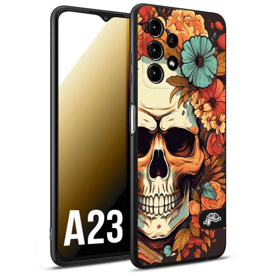 CUSTOMIZZA - Custodia cover nera morbida in tpu compatibile per Samsung A23 teschio skull flowers fiori autunnali arancio celeste tattoo