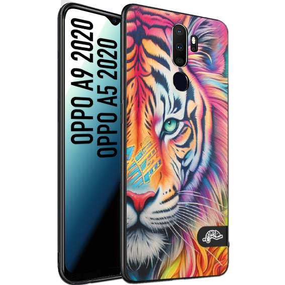 CUSTOMIZZA - Custodia cover nera morbida in tpu compatibile per Oppo A9 2020 - A5 2020 animali color tigre tiger viso colori vibranti disegnato schizzo