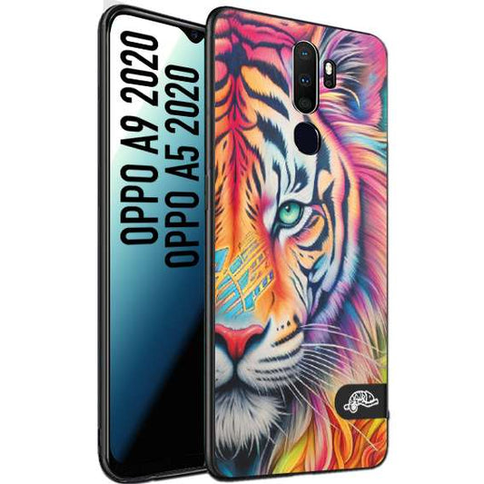 CUSTOMIZZA - Custodia cover nera morbida in tpu compatibile per Oppo A9 2020 - A5 2020 animali color tigre tiger viso colori vibranti disegnato schizzo