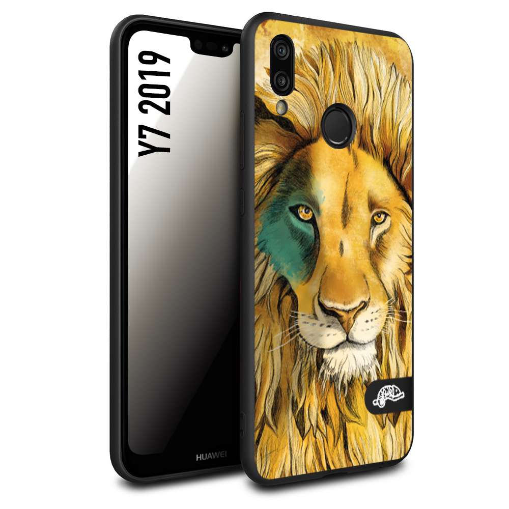 CUSTOMIZZA - Custodia cover nera morbida in tpu compatibile per Huawei Y7 2019 leone lion disegnato a mano giallo blu a rilievo artistico brown