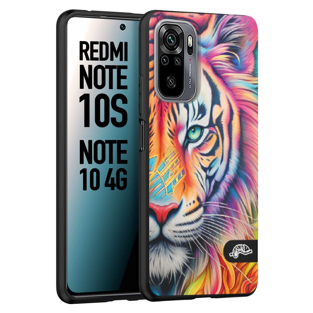 CUSTOMIZZA - Custodia cover nera morbida in tpu compatibile per Xiaomi Redmi Note 10S animali color tigre tiger viso colori vibranti disegnato schizzo