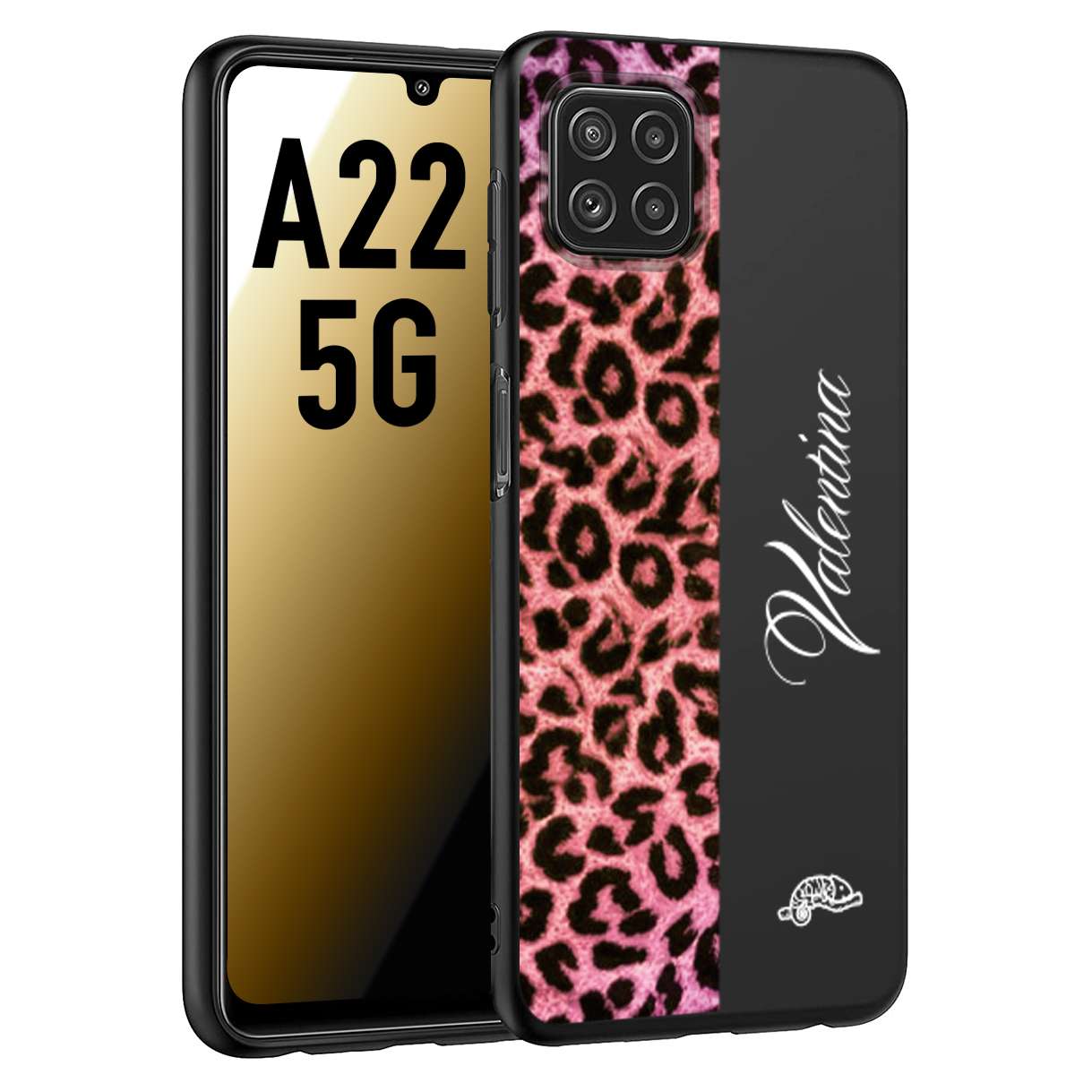 CUSTOMIZZA - Custodia cover nera morbida in tpu compatibile per Samsung A22 5G leopardato rosa fucsia personalizzata nome iniziali