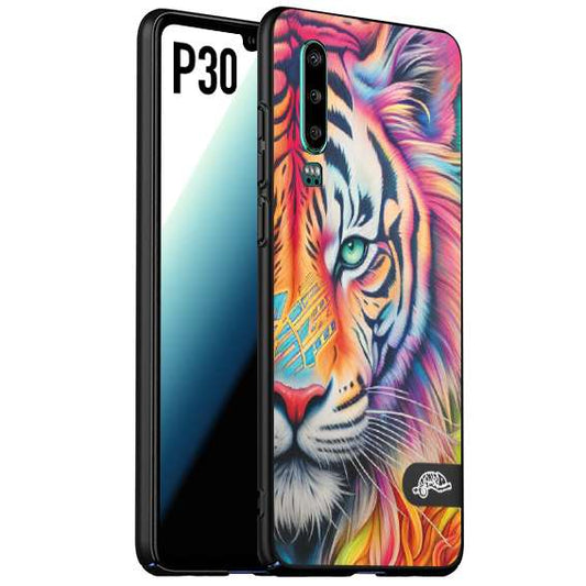 CUSTOMIZZA - Custodia cover nera morbida in tpu compatibile per Huawei P30 animali color tigre tiger viso colori vibranti disegnato schizzo