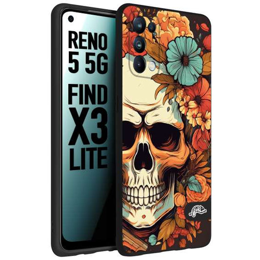 CUSTOMIZZA - Custodia cover nera morbida in tpu compatibile per Oppo Reno 5 5G teschio skull flowers fiori autunnali arancio celeste tattoo