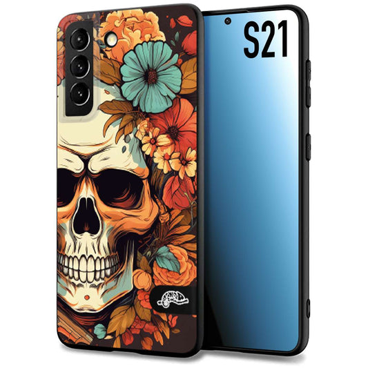 CUSTOMIZZA - Custodia cover nera morbida in tpu compatibile per Samsung S21 teschio skull flowers fiori autunnali arancio celeste tattoo