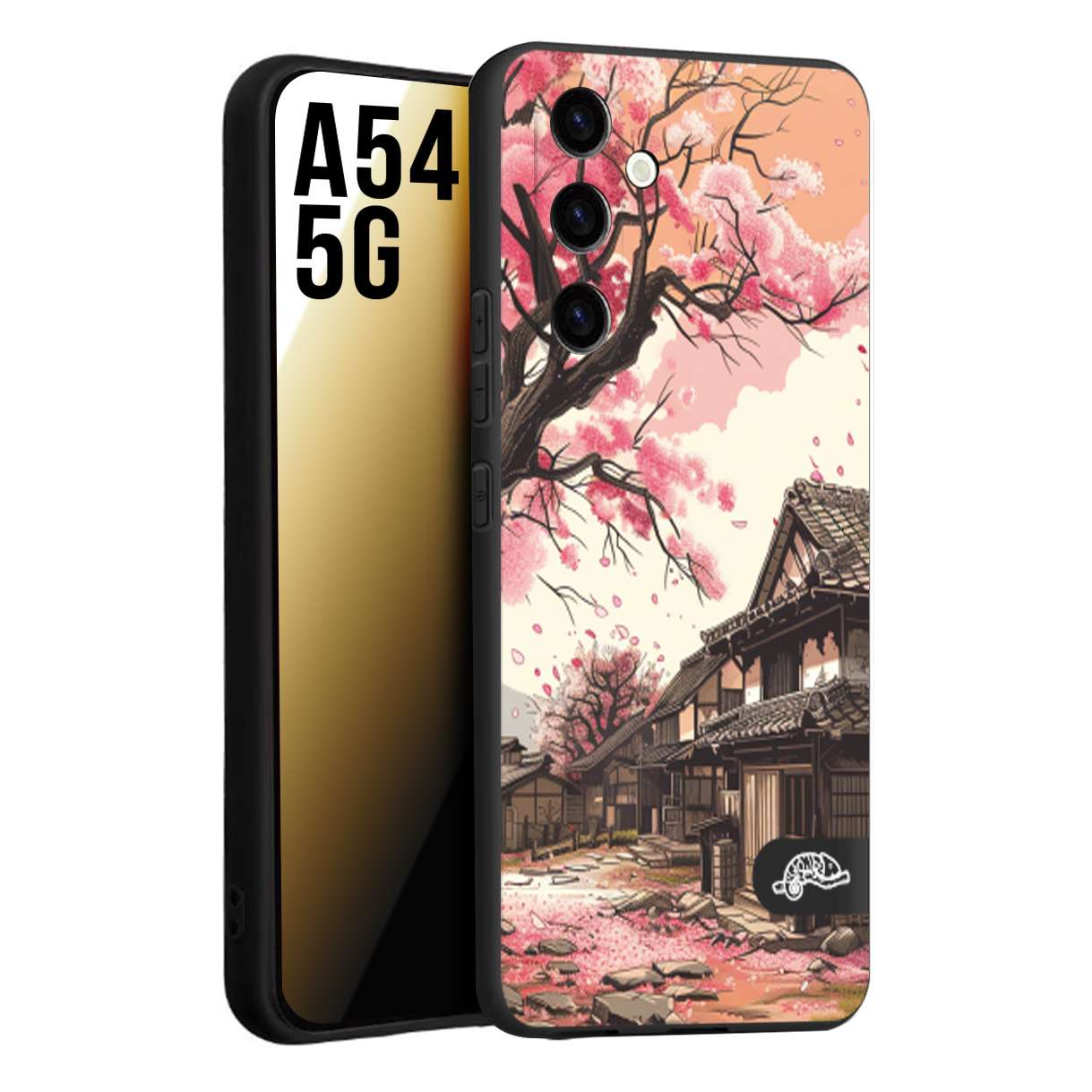 CUSTOMIZZA - Custodia cover nera morbida in tpu compatibile per Samsung A54 5G casa giapponese rosa ciliegio in fiore disegnata tattoo