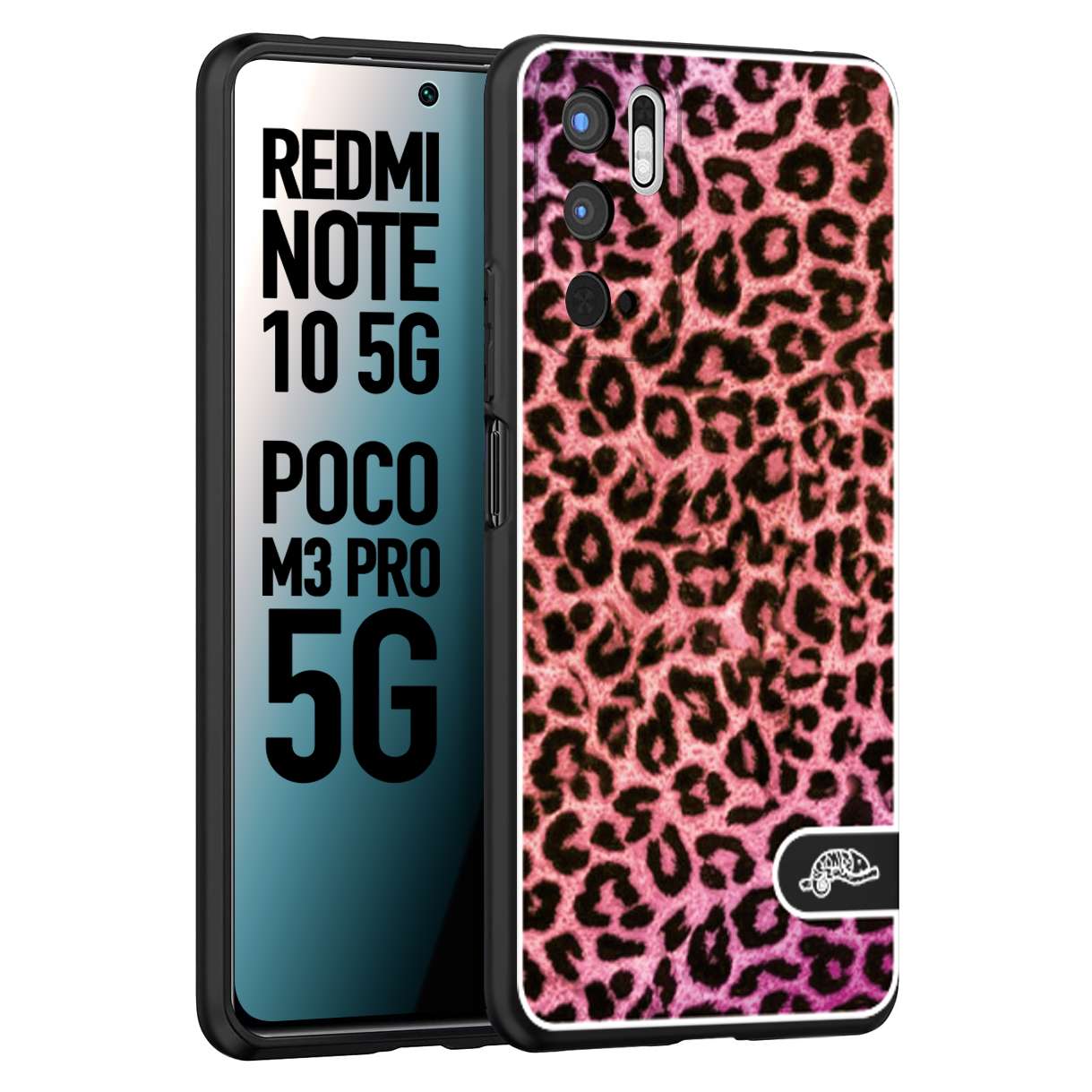 CUSTOMIZZA - Custodia cover nera morbida in tpu compatibile per Xiaomi Redmi Note 10 5G - Poco M3 Pro 5G leopardato maculato donna rosa leopard