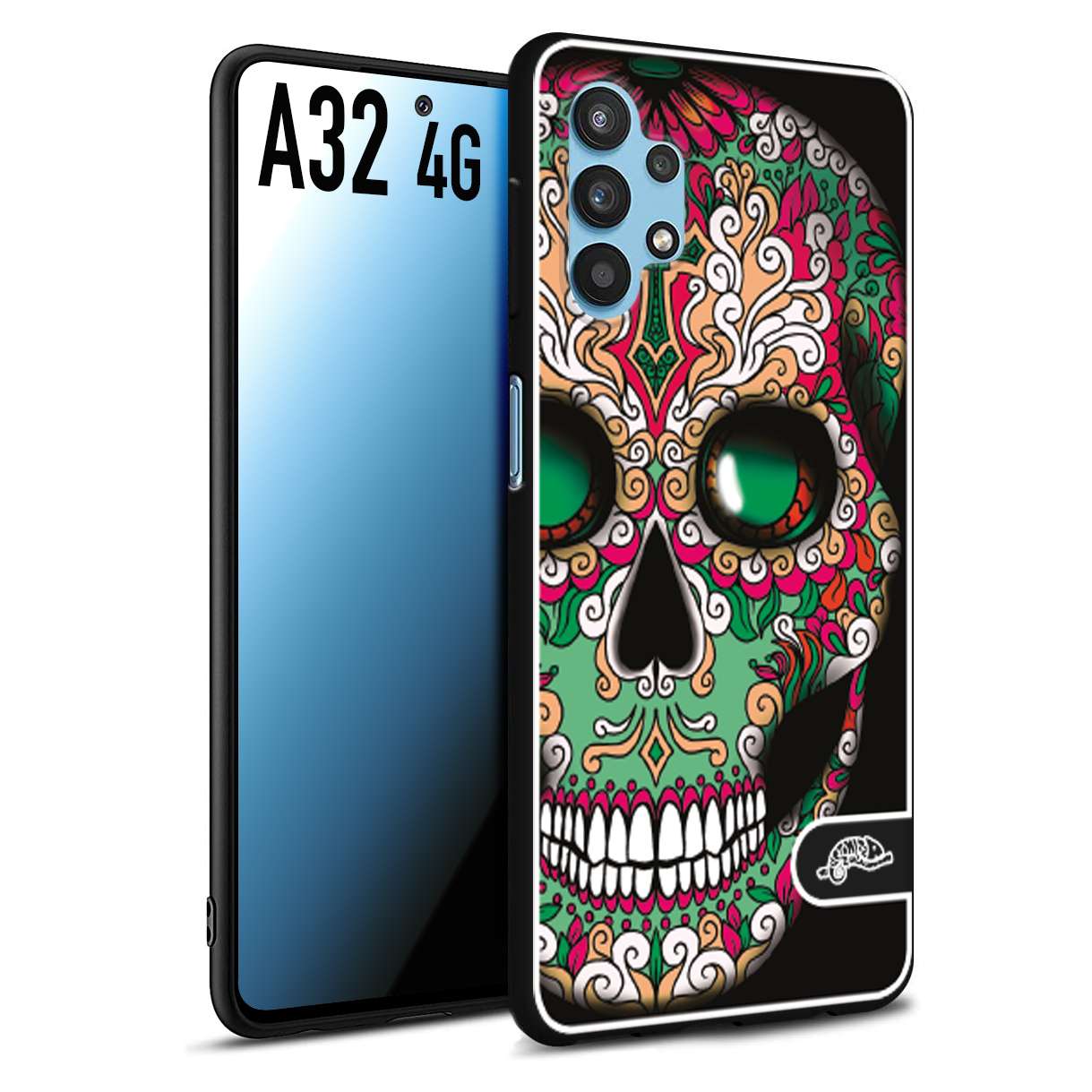 CUSTOMIZZA - Custodia cover nera morbida in tpu compatibile per Samsung A32 4G teschio messicano Mexican skull verde fucsia