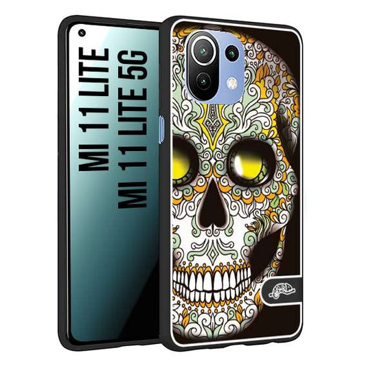 CUSTOMIZZA - Custodia cover nera morbida in tpu compatibile per Xiaomi Mi 11 Lite / Mi 11 Lite 5G teschio messicano Mexican skull bianco verde giallo