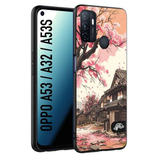 CUSTOMIZZA - Custodia cover nera morbida in tpu compatibile per Oppo A53 - A32 - A53S casa giapponese rosa ciliegio in fiore disegnata tattoo