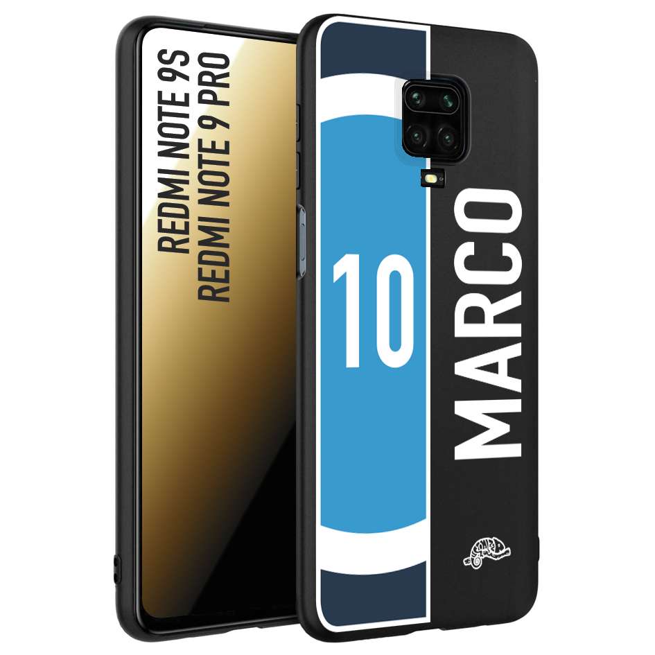 CUSTOMIZZA - Custodia cover nera morbida in tpu compatibile per Xiaomi Redmi Note 9S - Note 9 PRO personalizzata calcio football nome e numero calciatori biancoazzurri bianco celesti