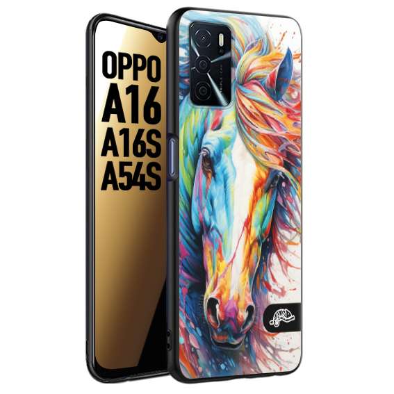 CUSTOMIZZA - Custodia cover nera morbida in tpu compatibile per Oppo A16 - A16S - A54S animali color cavallo horse viso colori vibranti disegnato schizzo