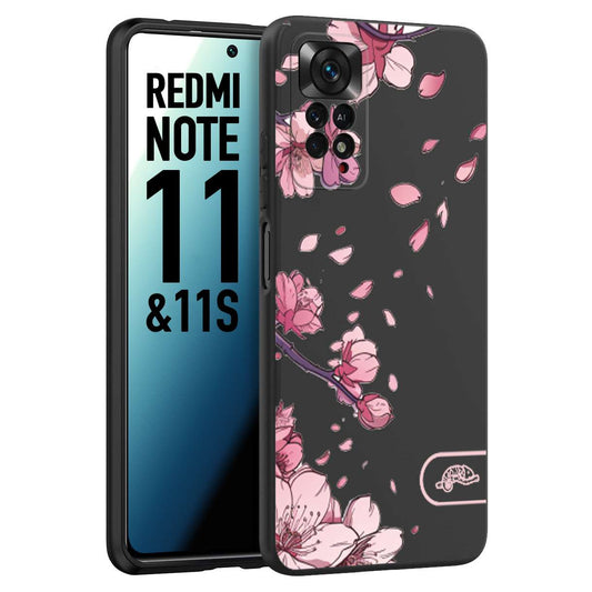 CUSTOMIZZA - Custodia cover nera morbida in tpu compatibile per Xiaomi Redmi Note 11 -  Note 11S giapponese fiori di ciliegio in fiore a rilievo disegnata tattoo