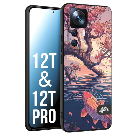 CUSTOMIZZA - Custodia cover nera morbida in tpu compatibile per Xiaomi 12T - 12T PRO giapponese lago carpa koi rosa con foglie d'acero disegnata tattoo