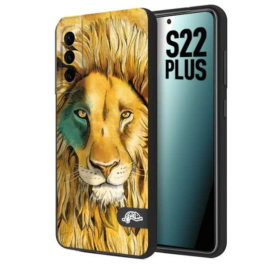 CUSTOMIZZA - Custodia cover nera morbida in tpu compatibile per Samsung S22 PLUS leone lion disegnato a mano giallo blu a rilievo artistico brown