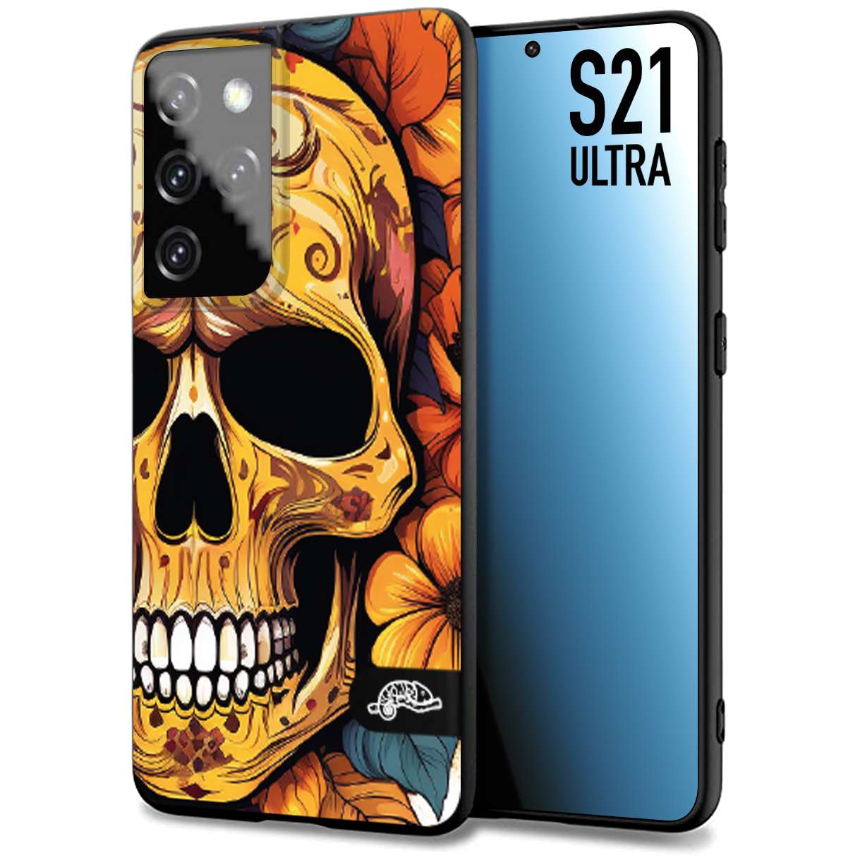 CUSTOMIZZA - Custodia cover nera morbida in tpu compatibile per Samsung S21 ULTRA teschio messicano colorato dorato fiori autunnali disegnato