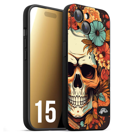 CUSTOMIZZA - Custodia cover nera morbida in tpu compatibile per iPhone 15 teschio skull flowers fiori autunnali arancio celeste tattoo