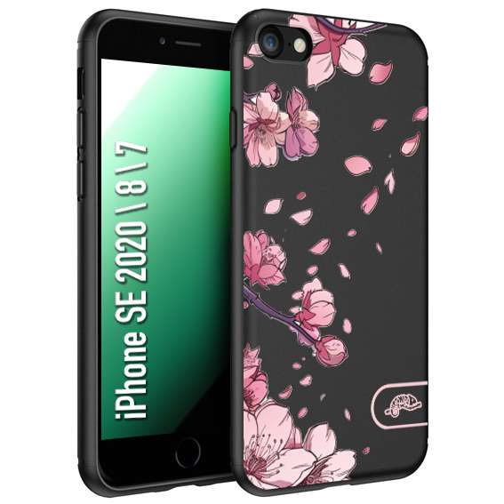 CUSTOMIZZA - Custodia cover nera morbida in tpu compatibile per iPhone 7 - 8 - SE 2020 / 2022 giapponese fiori di ciliegio in fiore a rilievo disegnata tattoo