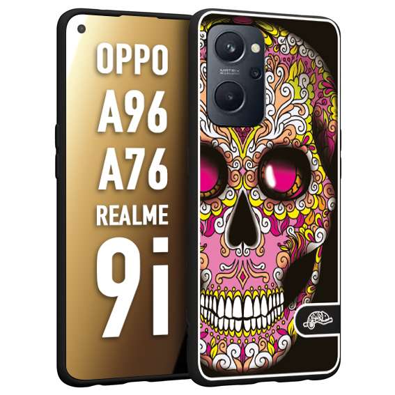 CUSTOMIZZA - Custodia cover nera morbida in tpu compatibile per Oppo Realme 9i - A96 - A76 teschio messicano Mexican skull rosa gialla