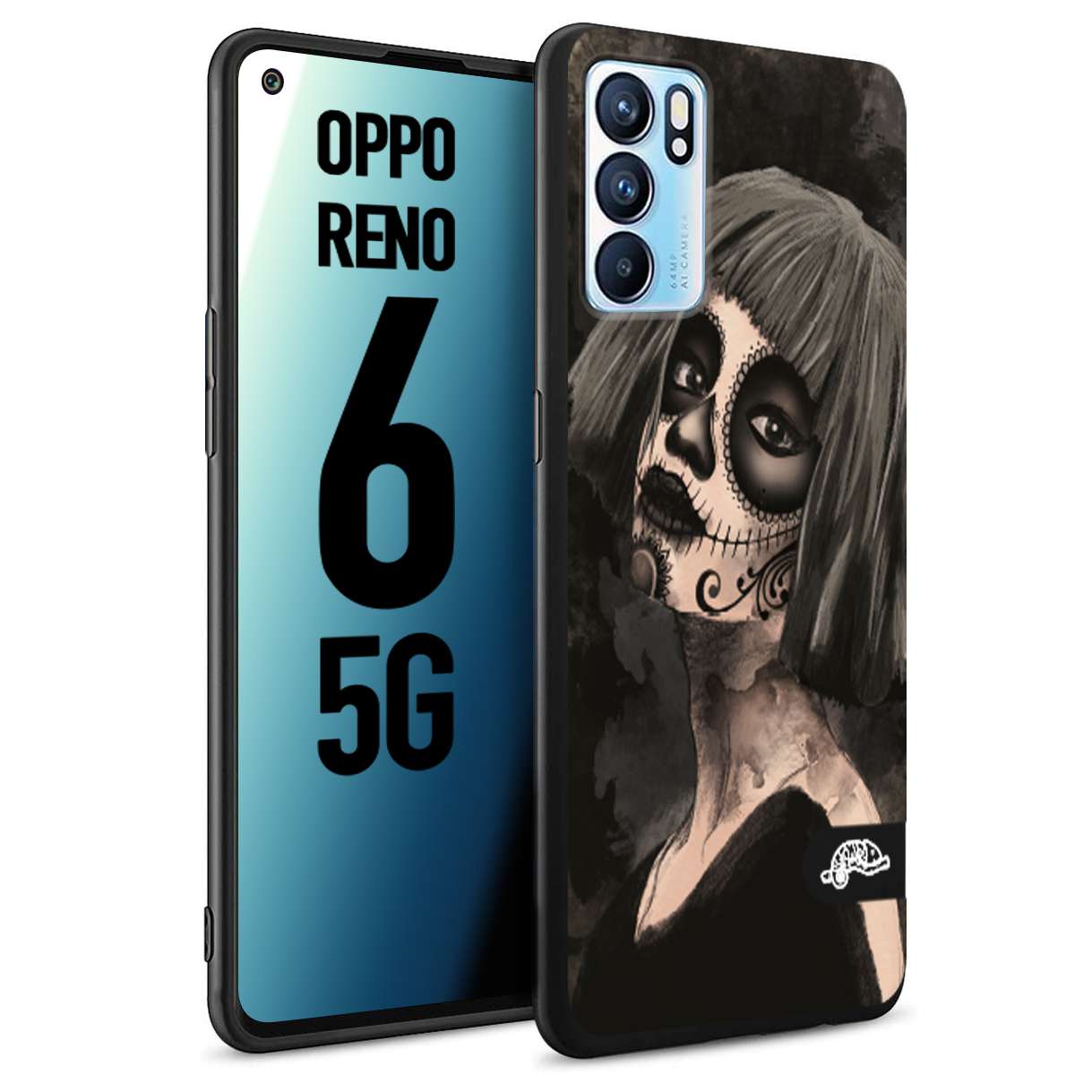 CUSTOMIZZA - Custodia cover nera morbida in tpu compatibile per Oppo Reno 6 5G chicana messicana dea de la muerte donna santa tattoo disegnata