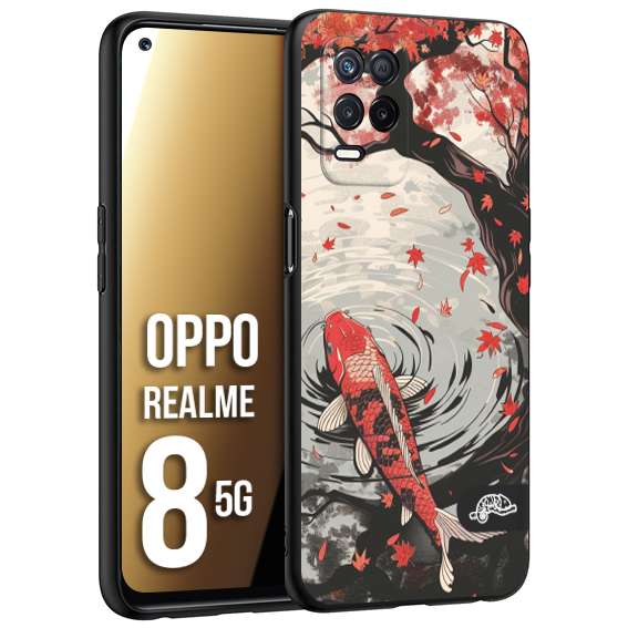 CUSTOMIZZA - Custodia cover nera morbida in tpu compatibile per Oppo Realme 8 5G giapponese lago carpa koi rossa con foglie d'acero rosso disegnata tattoo