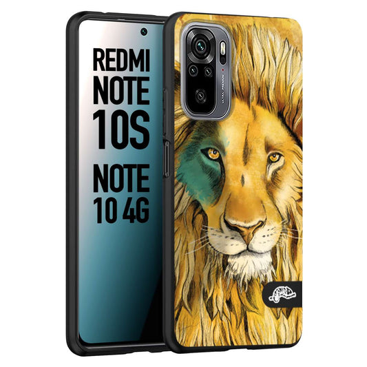 CUSTOMIZZA - Custodia cover nera morbida in tpu compatibile per Xiaomi Redmi Note 10S leone lion disegnato a mano giallo blu a rilievo artistico brown