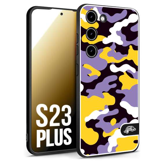 CUSTOMIZZA - Custodia cover nera morbida in tpu compatibile per Samsung S23 PLUS camouflage mimetico militare viola lilla giallo