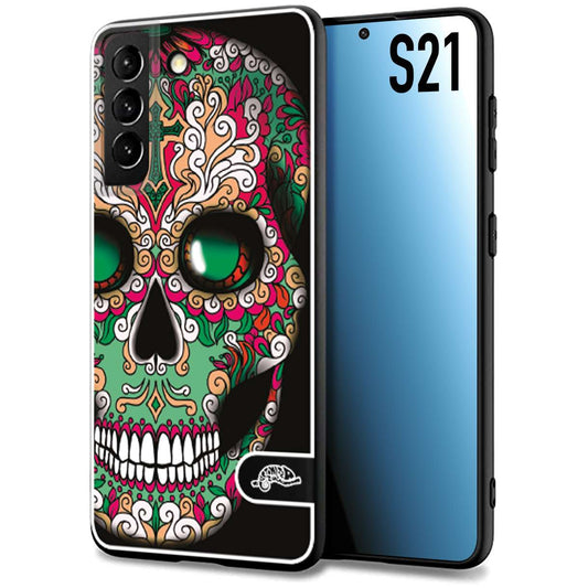 CUSTOMIZZA - Custodia cover nera morbida in tpu compatibile per Samsung S21 teschio messicano Mexican skull verde fucsia