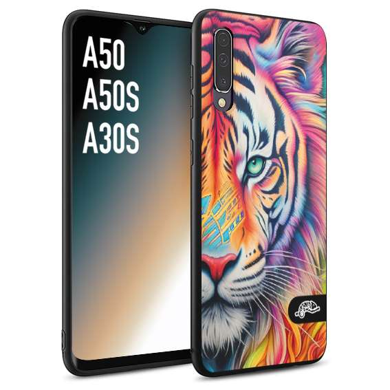 CUSTOMIZZA - Custodia cover nera morbida in tpu compatibile per Samsung A50 - A50S - A30S animali color tigre tiger viso colori vibranti disegnato schizzo