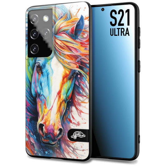 CUSTOMIZZA - Custodia cover nera morbida in tpu compatibile per Samsung S21 ULTRA animali color cavallo horse viso colori vibranti disegnato schizzo