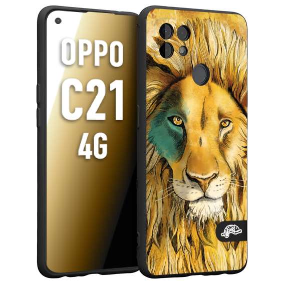 CUSTOMIZZA - Custodia cover nera morbida in tpu compatibile per Oppo Realme C21 4G leone lion disegnato a mano giallo blu a rilievo artistico brown